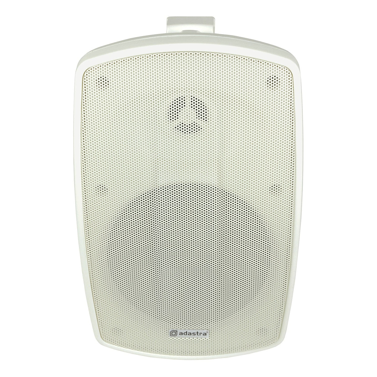 The Adastra BH5V-W 5.25" 100W 100V Background Speaker, IP44 - White, is a wall-mounted speaker featuring a perforated metal grille and a visible logo at the bottom. It has a rectangular shape with rounded edges, is weather-resistant for high-quality sound, and includes a convenient wall mounting bracket.