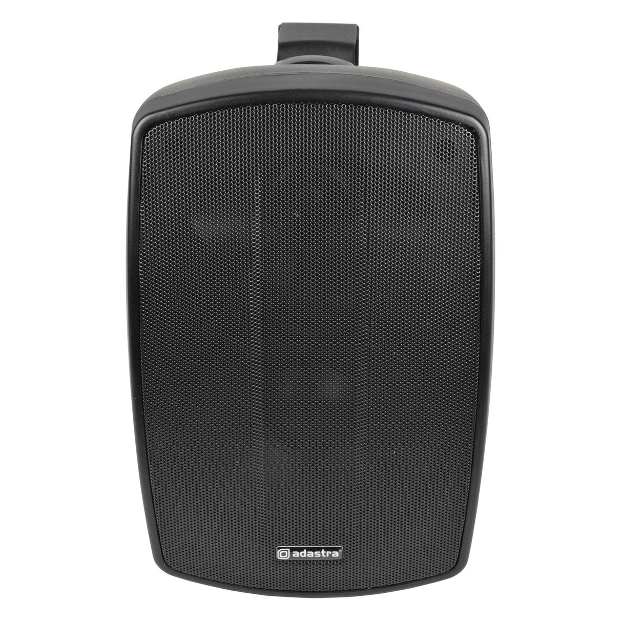 The Adastra BH5V-B 5.25" 100W 100V Background Speaker in black includes a mesh front panel and a small logo at the bottom. It is IP44 rated, offering weather resistance for enhanced durability. Featuring an easy-mount bracket on top, this speaker ensures high-quality sound delivery in any environment.