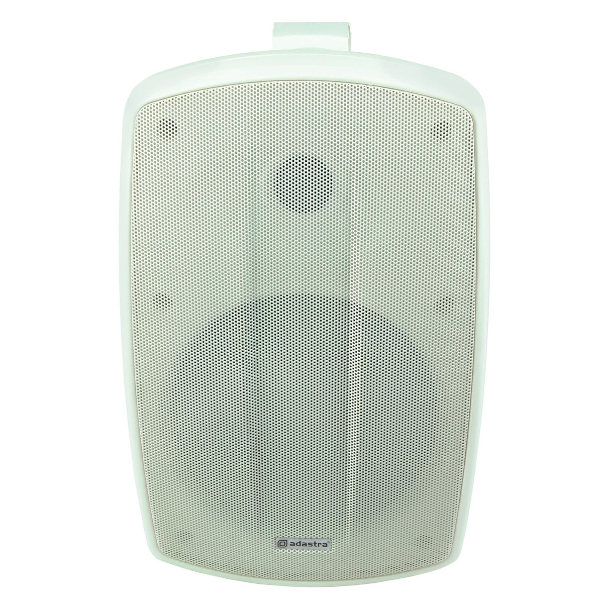 The Adastra BH6V-W 6" 140W 100V Background Speaker, available in white and featuring an IP44 weather-resistant design along with a mesh grill, showcases a prominent central circular pattern accompanied by a smaller one above. This speaker is engineered for versatility, delivering high-quality sound reproduction in any setting.