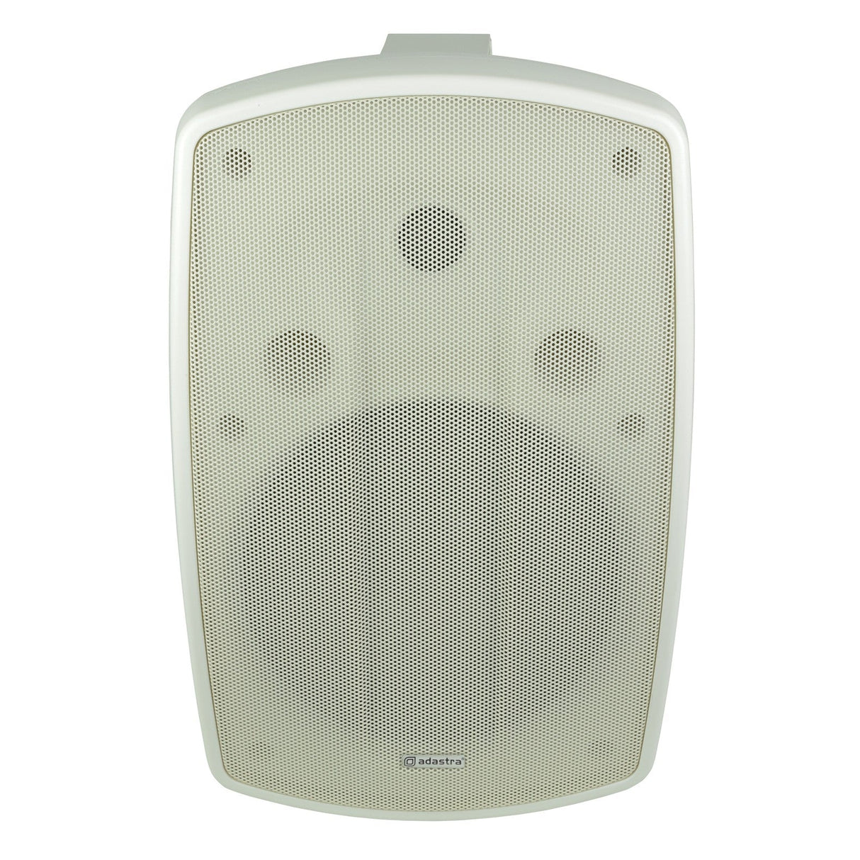 The Adastra BH8V-W 8" 160W 100V Background Speaker, IP44 in white features a perforated grill that ensures high-quality sound. Its front is designed with two small circular openings and one large opening, with the Adastra logo positioned near the bottom center. Built to be weather-resistant, this speaker is perfect for use in any environment.