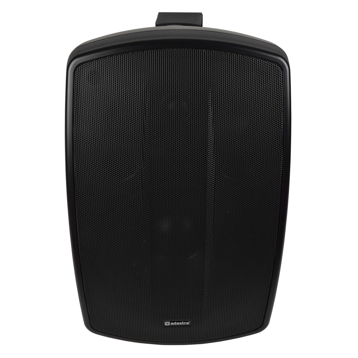 The Adastra BH8V-B 8" 160W 100V Background Speaker, IP44 - Black, features a rectangular design with a front grill and top handle, delivering high-quality sound reproduction. The brand logo is prominently displayed at the bottom center. With its sleek and modern design, this weather-resistant speaker is ideal for both indoor and outdoor use.