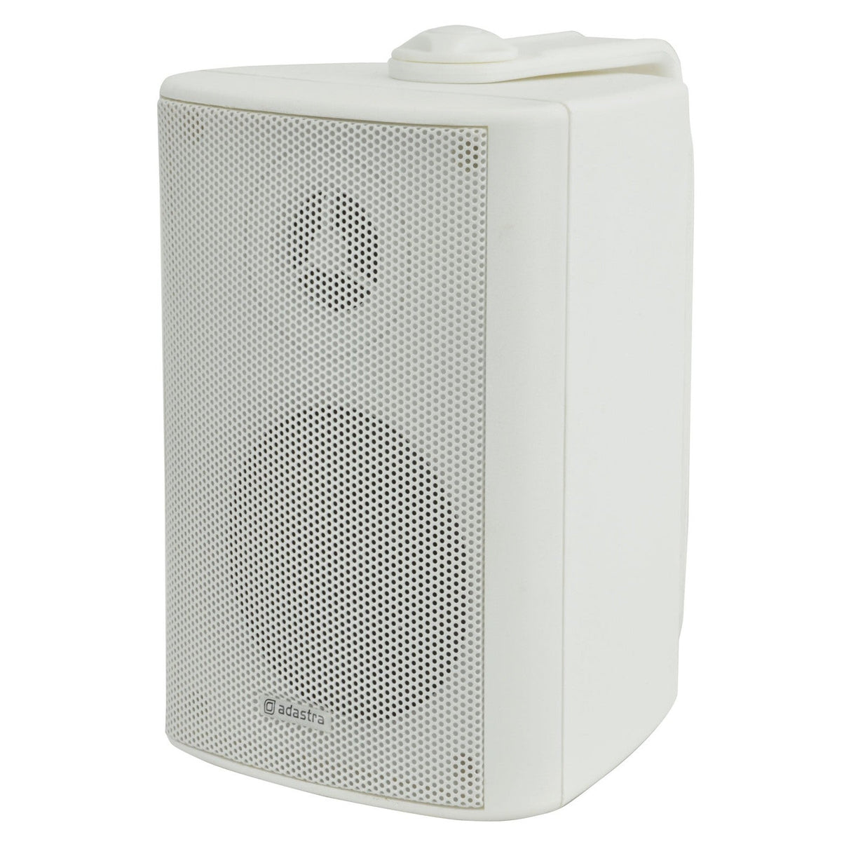 The Adastra BC3V-W 100V 3" 60W Background Speaker showcases a sleek, white design with a rectangular shape and rounded edges. Its mesh front panel reveals two circular speaker elements, and it's slightly angled to the left. This elegantly designed unit seamlessly integrates into any modern interior setting.