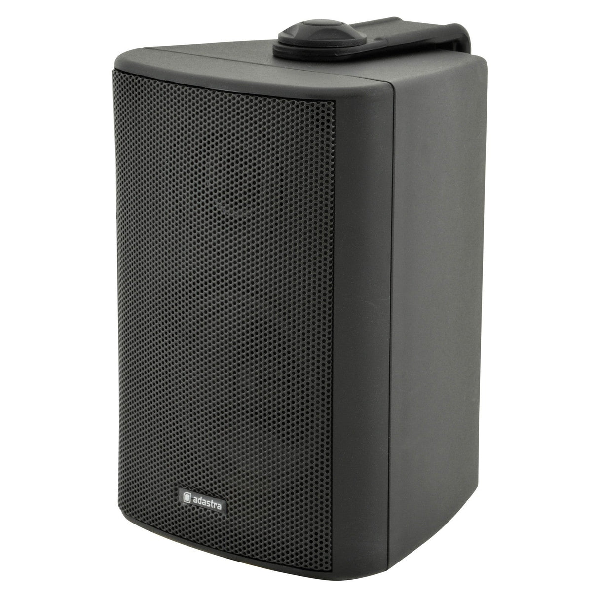 The Adastra BC3V-B 100V 3" 60W Background Speaker in black has a rectangular design with a mesh front and a small logo at the bottom. It includes a slightly curved top, an adjustable mount, and an attached wall mounting bracket, making it compatible with 100V line tappings for versatile installations.