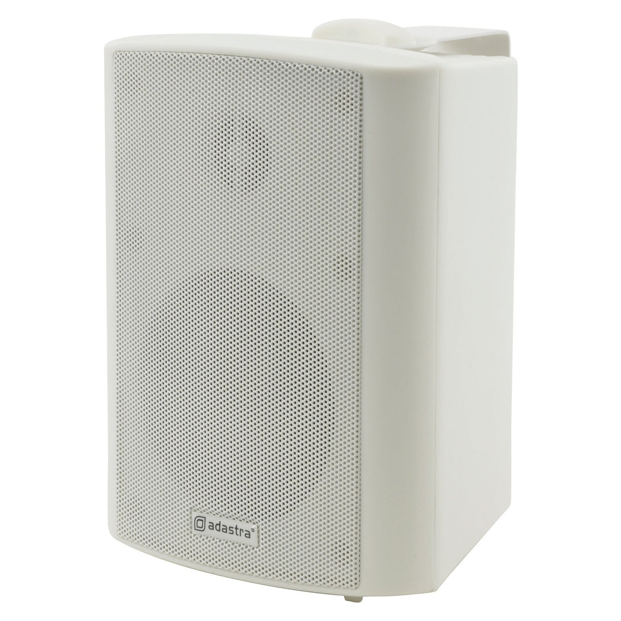 The Adastra BC4V-W 100V 4" 70W Background Speaker in white boasts a perforated front grill and the brand's logo at the bottom. Its rectangular, slightly curved design includes 100V line tappings for versatile use, making it ideal for wall mounting brackets in various setups.