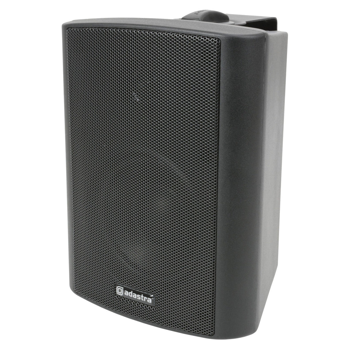 The Adastra BC4V-B 100V 4" 70W Background Speaker comes in black and is wall-mounted, featuring a mesh front with the Adastra brand name on the lower part. It is designed for indoor audio output with a rectangular shape and rounded edges, compatible with 100V line systems.