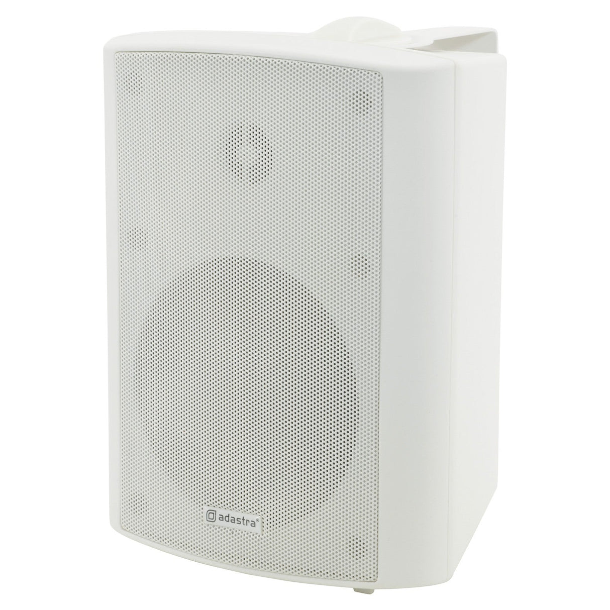 A white Adastra BC5V-W 100V 5.25" 90W Background Speaker, elegantly mounted on a wall bracket with a perforated grille. Its rectangular design features slightly curved edges and showcases a visible circular speaker cone behind the grille, compatible with versatile audio setups through 100V line tappings.