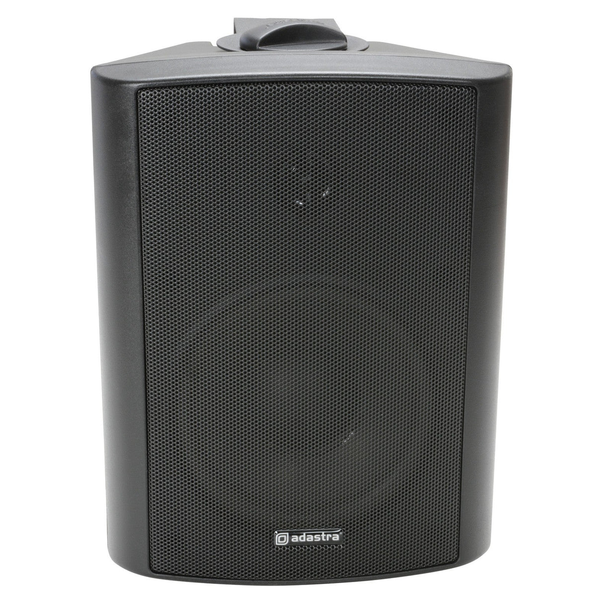 The Adastra BC5V-B 100V 5.25" 90W Background Speaker - Black features a sleek, curved design with a protective grille over the cone. Ideal for indoor use, it comes with a wall mounting bracket and proudly displays the brand logo at the bottom.