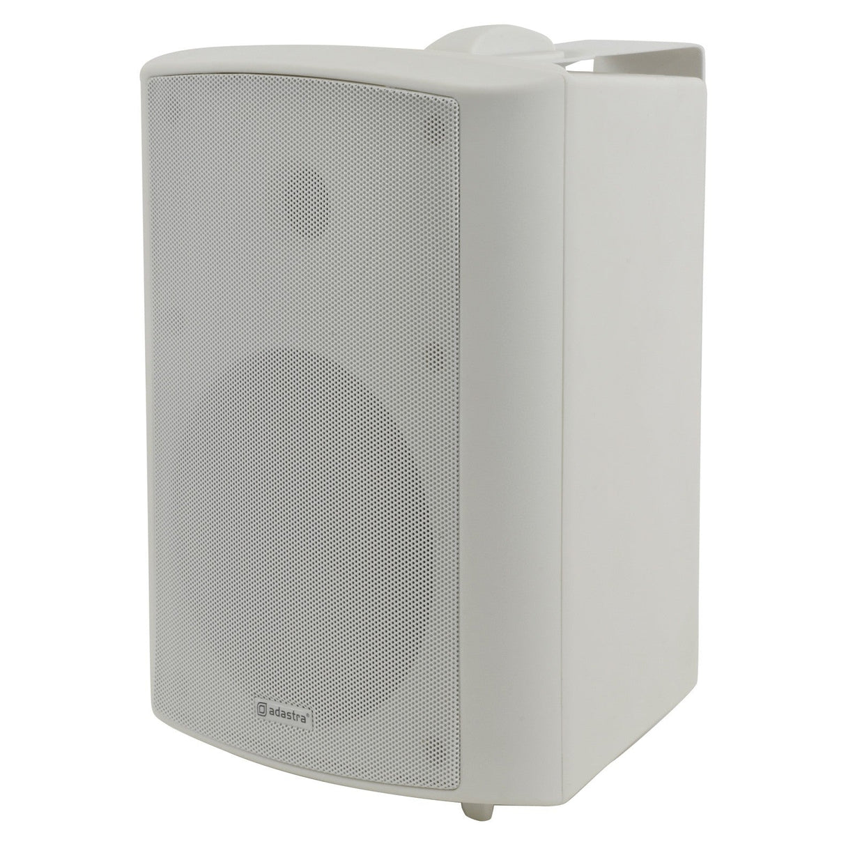 The Adastra BC6V-W 100V 6.5" 120W Background Speaker in white features a mesh grille on the front of its rectangular box-shaped housing and comes equipped with a wall mounting bracket for convenient installation.