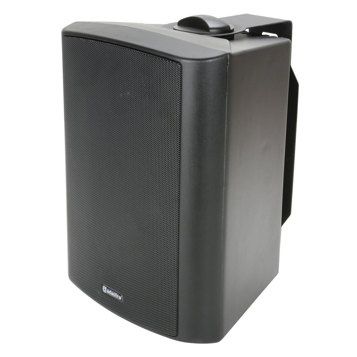 The Adastra BC6V-B 100V 6.5" 120W background speaker in black features a rectangular shape with a curved front grille and includes a crossover network. It's mounted to the wall using the provided bracket, appearing slightly angled to the right, with the brand logo prominently displayed at the bottom of the grille.