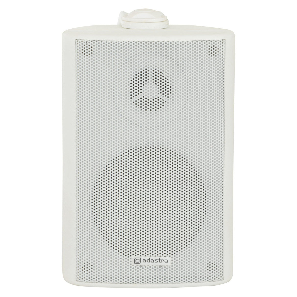 Adastra BP3V-W 3" wall-mounted speaker in white, featuring a mesh grille and the Adastra logo at the bottom. Designed for high-quality sound, it has a circular shape with volume control on top and is equipped with a durable polypropylene cone for enhanced performance.