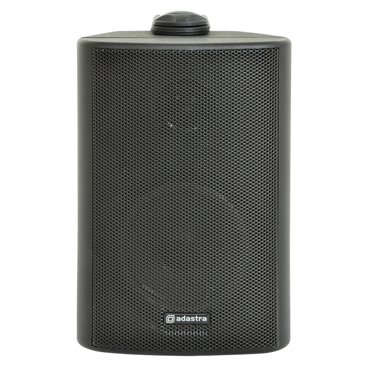 The Adastra BP3V-B 3" 60W 100V background speaker showcases a sleek rectangular design with rounded edges, encased in a sturdy ABS enclosure. The front is adorned with a textured grille and a small logo, while the convenient knob sits on top. Suitable for outdoor use, this weatherproof PA speaker is perfect for any environment.