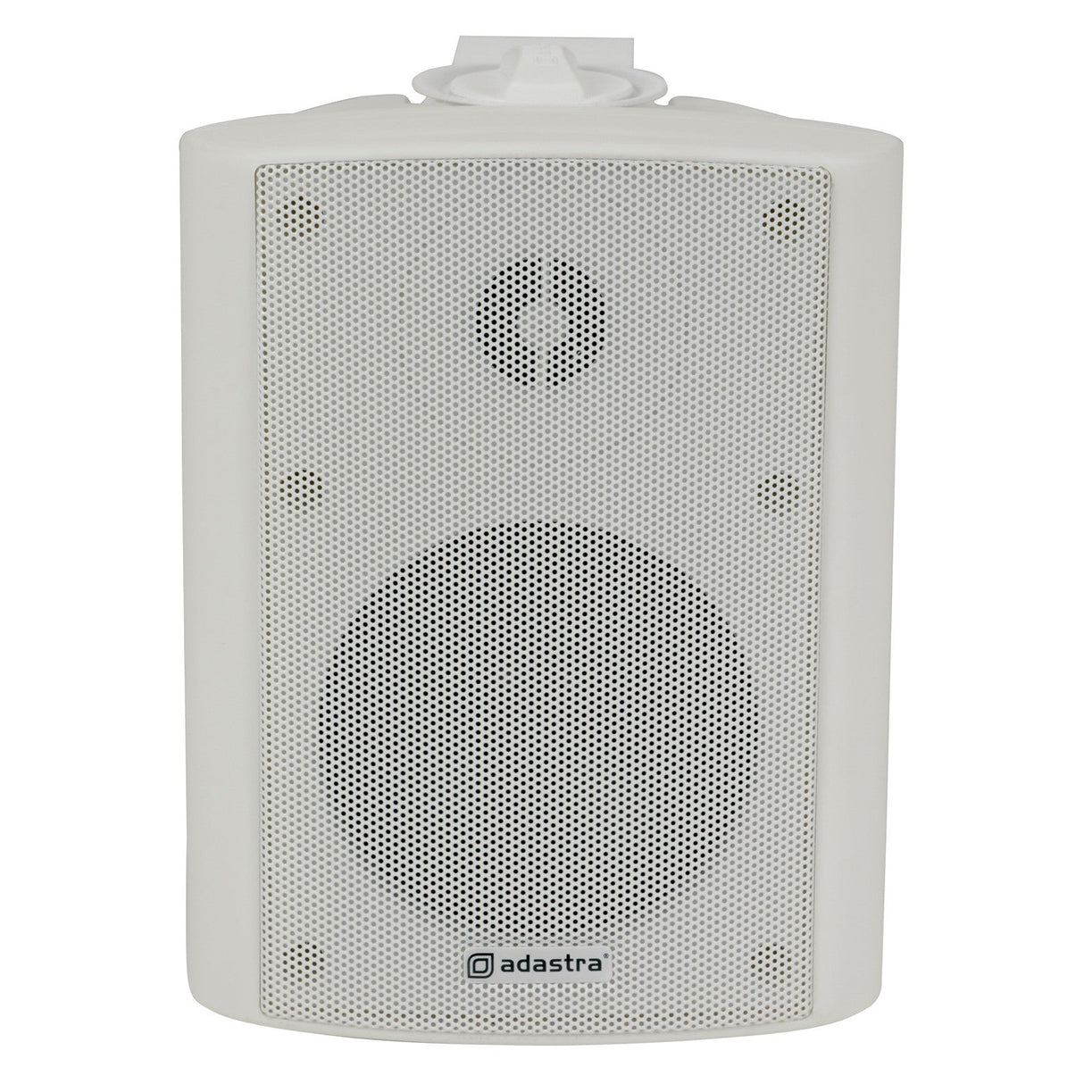 The Adastra BP4V-W 4" 70W 100V Background Speaker in white comes with a mesh front cover and the brand logo prominently displayed at the bottom. Designed for easy mounting on walls or ceilings, it offers an IP54 rating, making it perfect for weatherproof applications and ensuring durability in challenging environments.