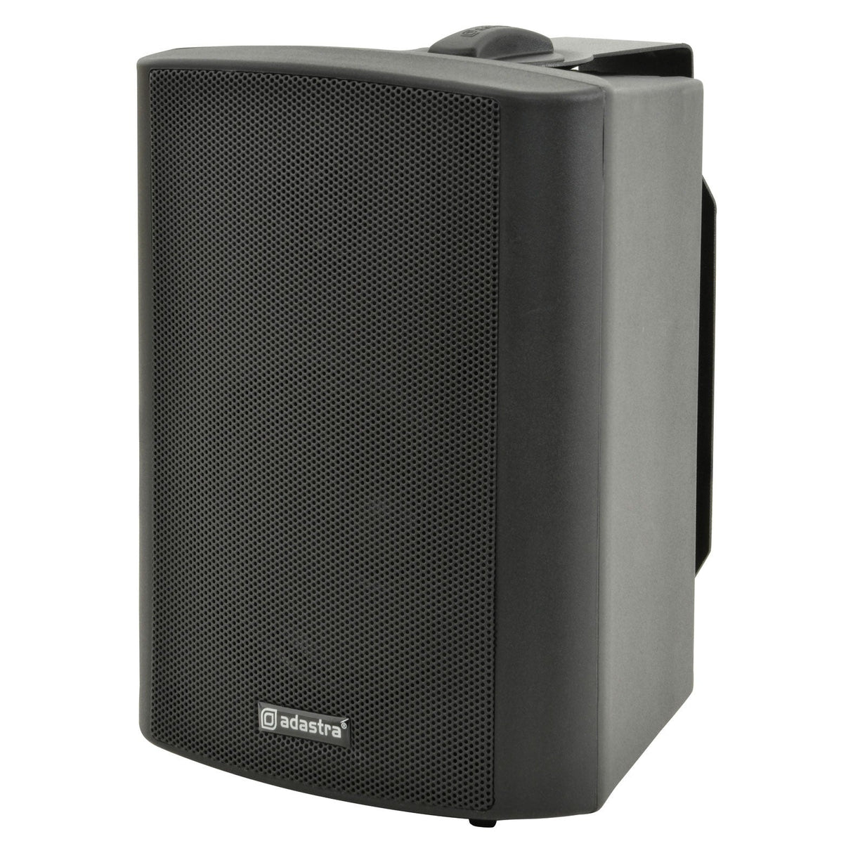 The Adastra BP4V-B 4" 70W 100V Background Speaker in black is a wall-mounted model with an IP54 durability rating. It boasts a rectangular design with rounded edges, and its front is covered in protective mesh with the logo highlighted at the bottom. Engineered for both simplicity and functionality, its polypropylene cone delivers clear sound across various weather conditions.