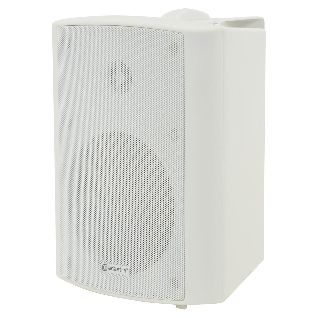 The Adastra BP5V-W 5.25" 90W 100V background outdoor speaker in white is equipped with a mesh grille and a discreet logo at the bottom. Designed with a sleek, modern aesthetic, it is suitable for indoor use and features polypropylene cones to ensure enhanced durability.