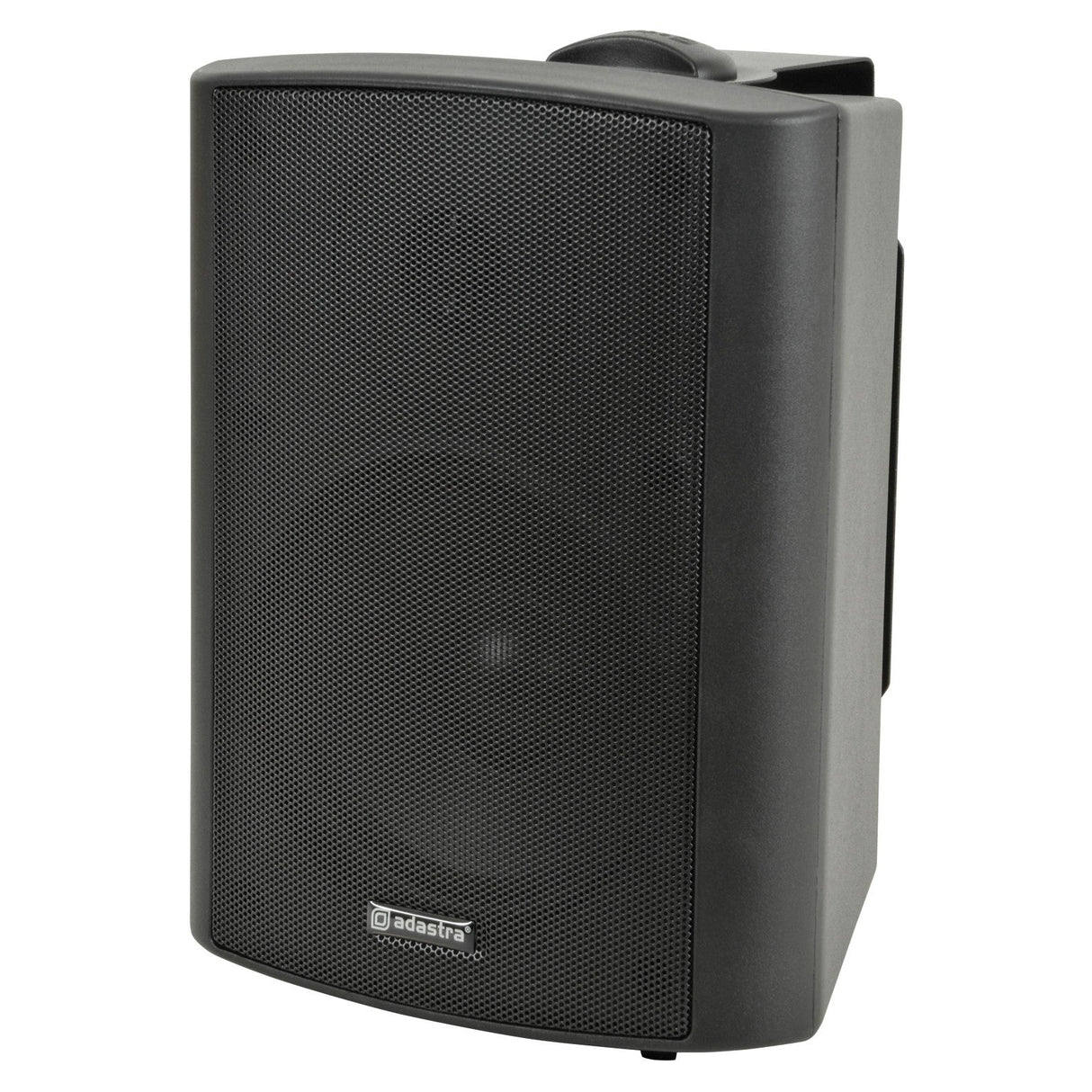 The Adastra BP5V-B 5.25" 90W 100V Background Outdoor Speaker is a black, wall-mounted speaker with a rectangular shape and rounded edges. Featuring an IP54 weatherproof rating, this speaker is equipped with a front mesh grille, a polypropylene cone, and displays a small logo at the bottom.