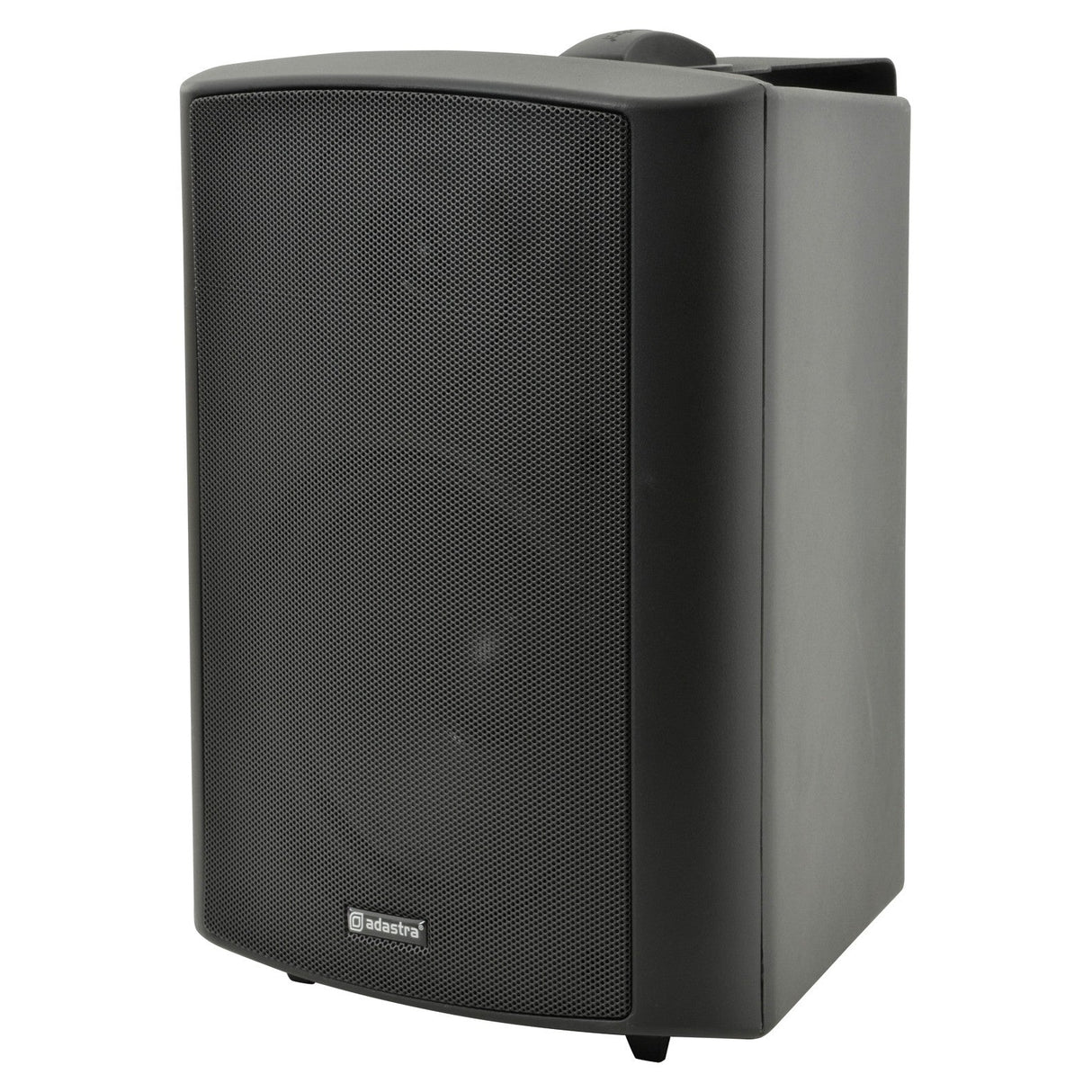 The black Adastra BP6V-B 6.5" 120W 100V Background Outdoor Speaker showcases a polypropylene cone and mesh front, featuring a rectangular shape with a sleek exterior. It comes with a mounted top handle for easy portability. With an IP54 rating, this weatherproof PA speaker is engineered for dependable audio performance, presenting itself as both robust and compact.