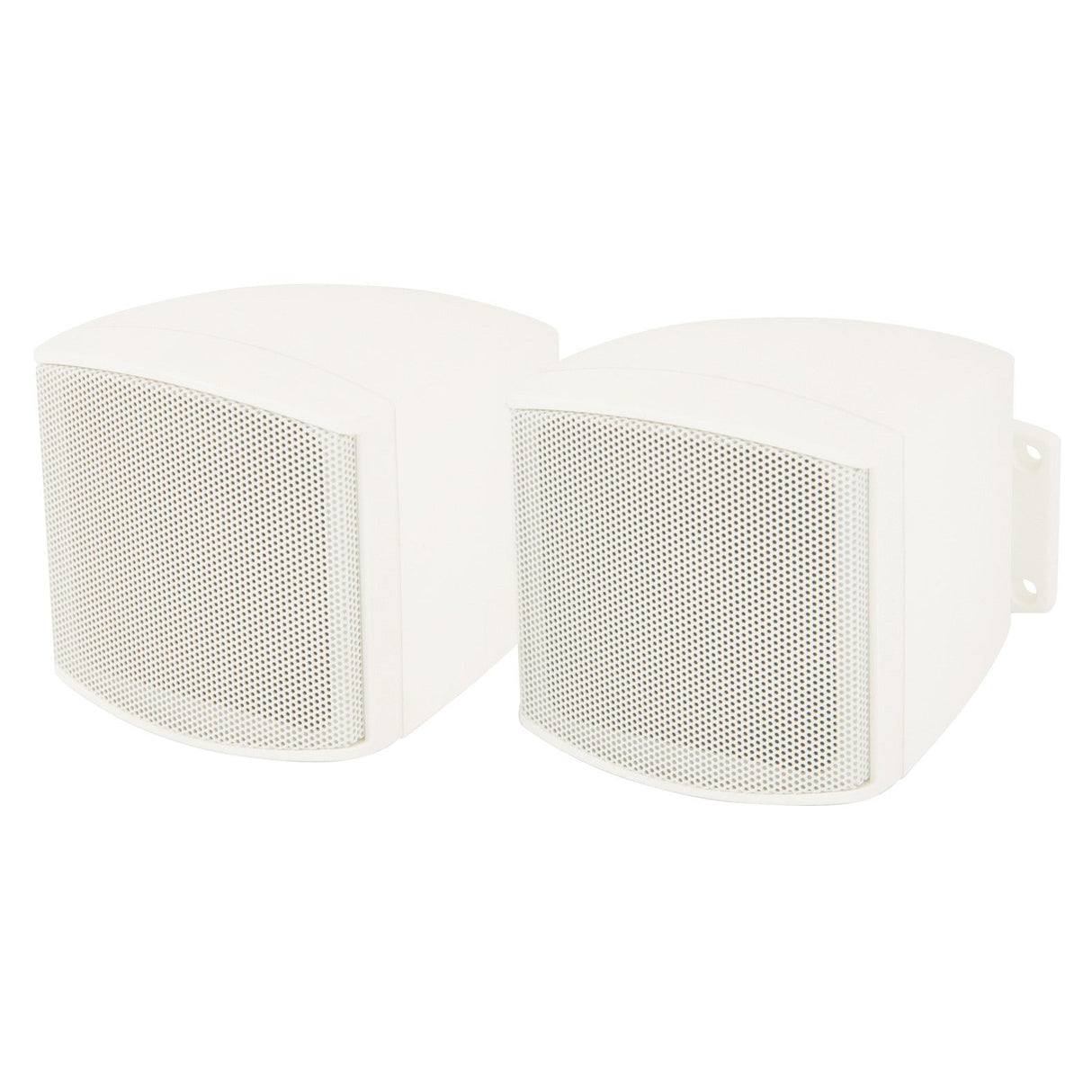 The Adastra C25VW 2.5" 30W Compact Background Loudspeakers in white feature curved fronts and a perforated metal grille design. They are perfectly paired to highlight their sleek, modern aesthetic against a minimalist backdrop. Their compact molded enclosure enhances the elegance of these stylish audio fixtures.
