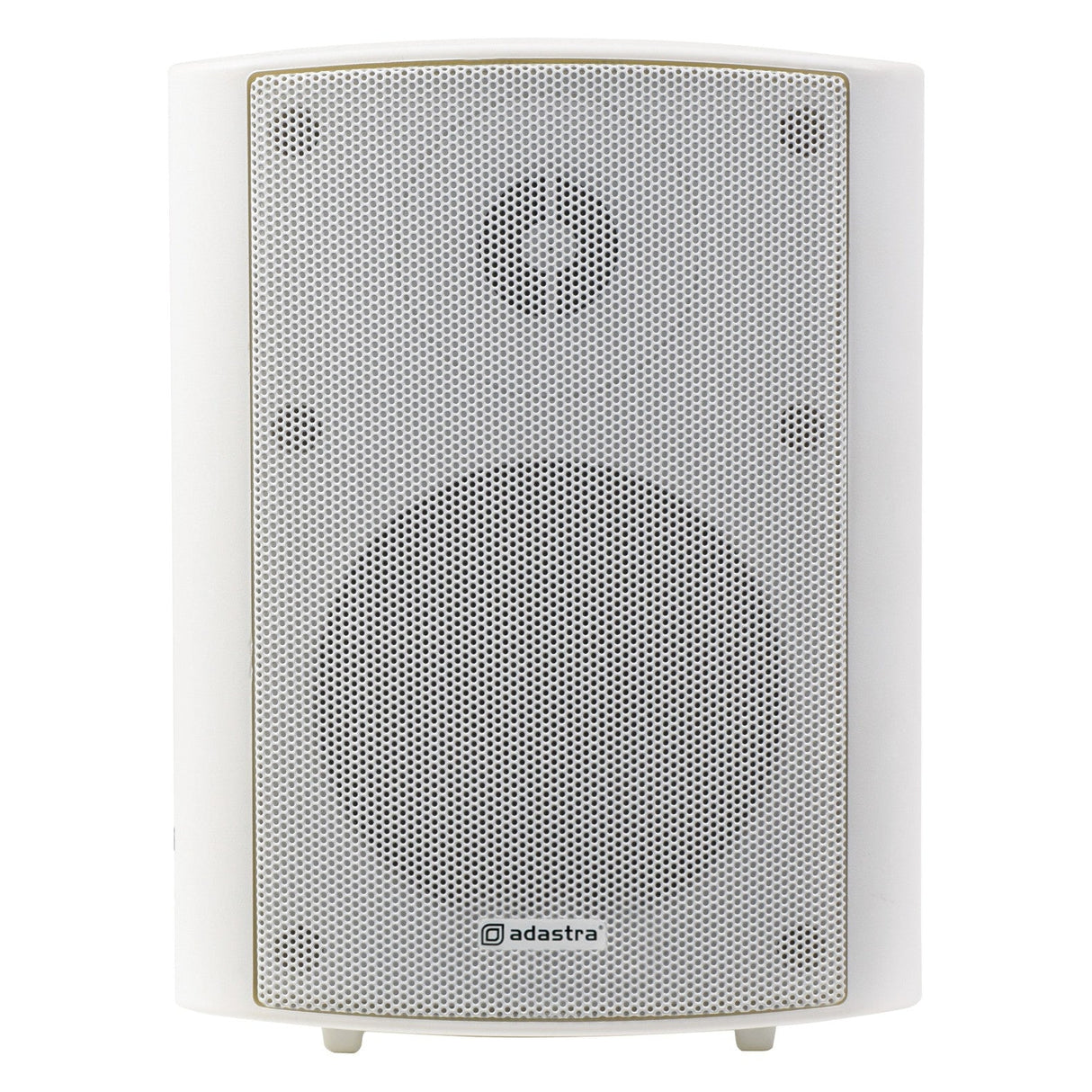 The Adastra BP4A-W 4" 12W Active Outdoor Speaker, IP54 - White (Each) boasts a perforated metal grille and a sleek rectangular design complemented by its built-in amplifier. The centered Adastra logo at the bottom of the grille emphasizes its contemporary allure.