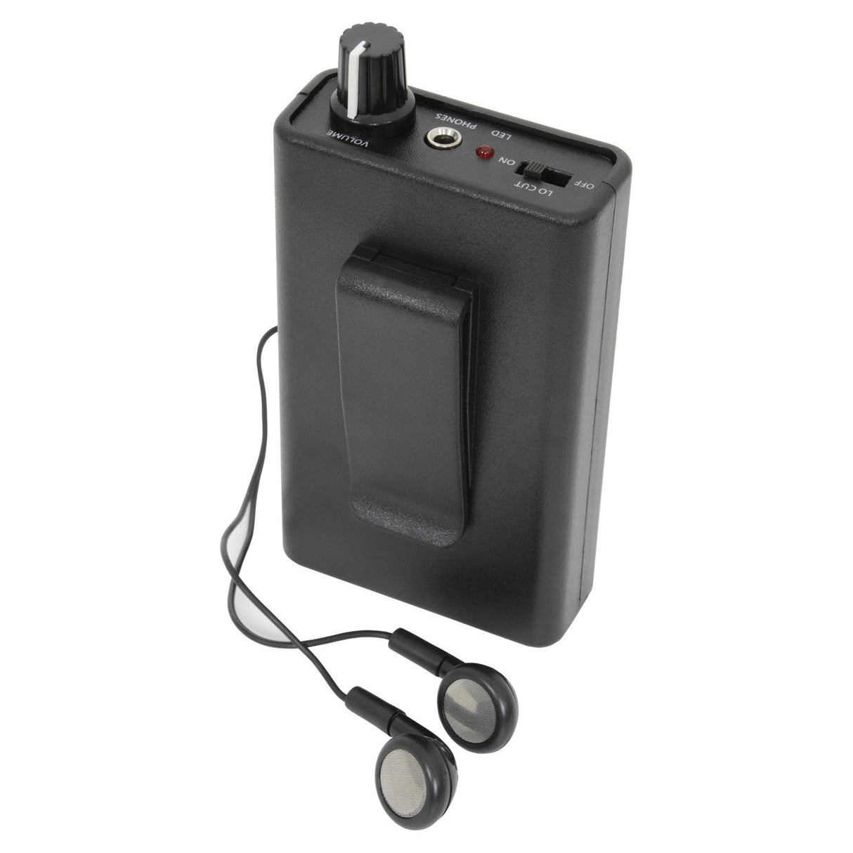 Introducing the Adastra LR2 Induction Loop Receiver, a sleek black portable audio device featuring a volume knob, input jack, and convenient switches. Equipped with a clip on the back, it's ideal for musicians on the move and comes complete with a set of black earbuds. This battery-powered receiver enhances your audio experience wherever you go.