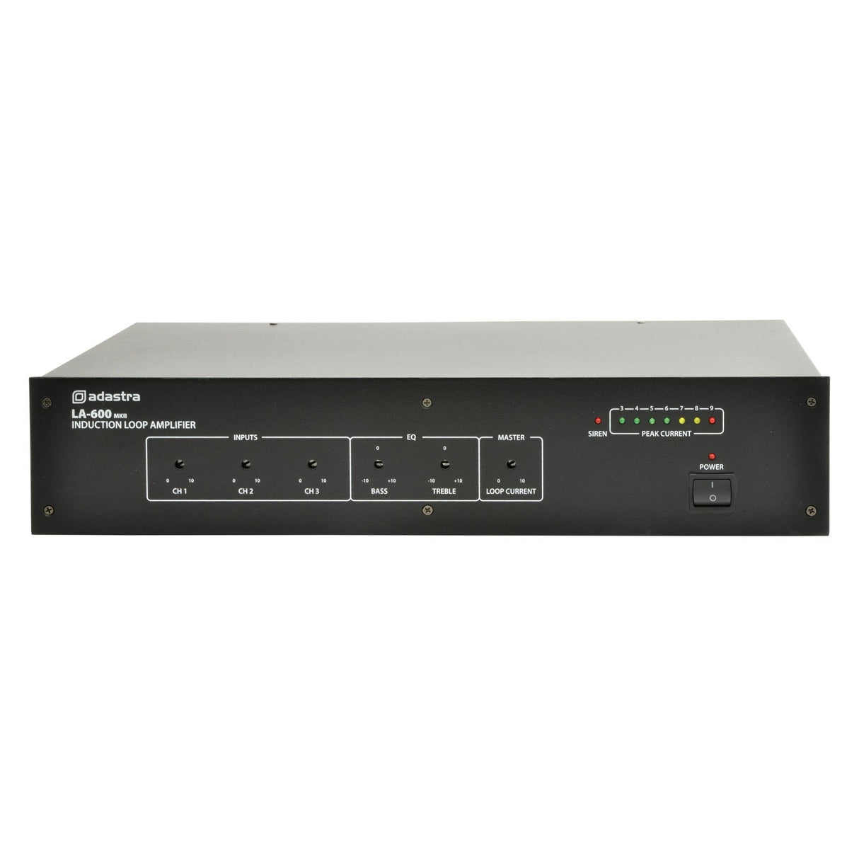 The Adastra LA-600 Mkii Induction Loop Amplifier is a rack-mounted device with a sleek black front panel that includes input and control knobs for channels, bass, and treble. It features LED indicators that display signal strength for hearing aid users and has an on/off power switch conveniently located on the right side.