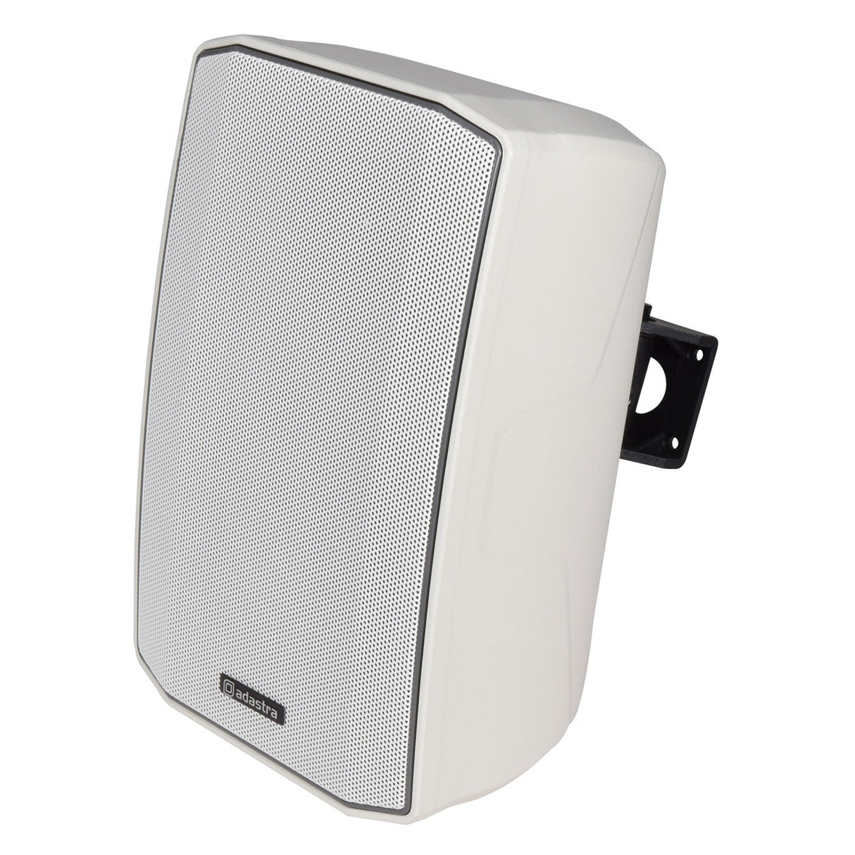 The Adastra LX5T 20W 100V Wall Speaker - White features a weatherproof design, perforated metal grille, and black side wall-mount bracket, making it ideal for indoor or outdoor PA use.