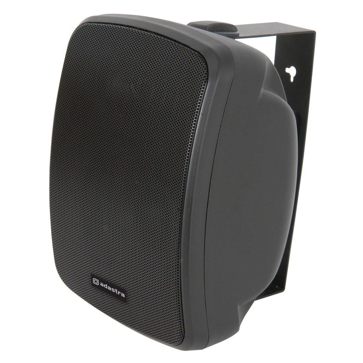 The Adastra FC5V-B is a black, wall-mounted speaker featuring a mesh front panel with the Adastra logo at the bottom, specifically designed for outdoor use. It includes a crossover network to ensure superior sound quality. The speaker comes with an attached bracket for easy positioning, making it ideal as a weatherproof option.