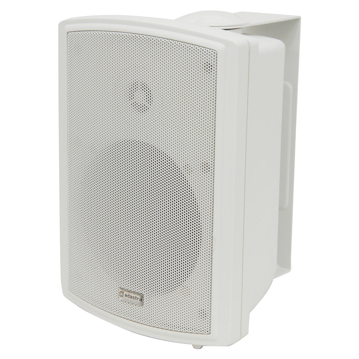 The Adastra FSV-W 65W 100V High Performance Foreground Speaker in white features a weatherproof, wall-mounted design with a perforated front cover and the brand logo at the bottom. This rectangular speaker, with its rounded edges, is ideal for both indoor and outdoor applications.