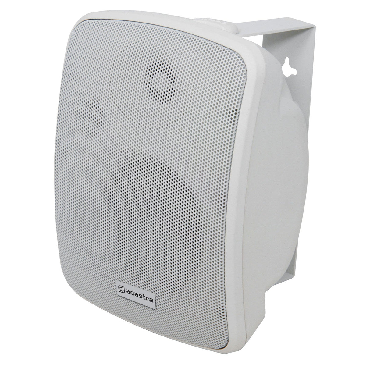The Adastra FC4V-W 3.5" 80W 100V Compact Background Speaker, in white, is ideal for outdoor use with its weatherproof design and metal bracket mount. Its perforated front grille and subtle logo contribute to its sleek appearance, while the slight angle ensures optimal sound distribution from this 2-way speaker system.