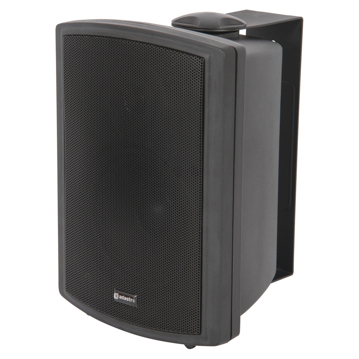 The Adastra FSV-B 65W 100V High Performance Foreground Speaker in black features a rectangular shape with a curved front grill. It is mounted on a metal bracket, making it ideal for any outdoor setting. This weatherproof speaker is designed to withstand the elements while providing outstanding sound quality.