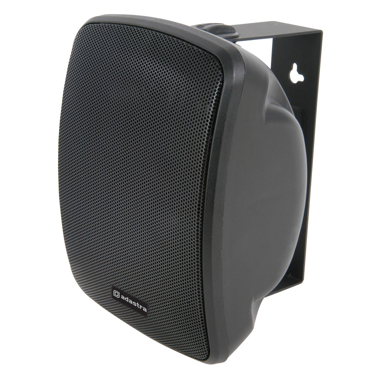 A black Adastra FC4V-B 3.5" 80W 100V compact background speaker, featuring a perforated front grill with the Adastra logo, is shown mounted on a metal bracket. Its weatherproof design makes it ideal for outdoor use, and it's set against a white background.