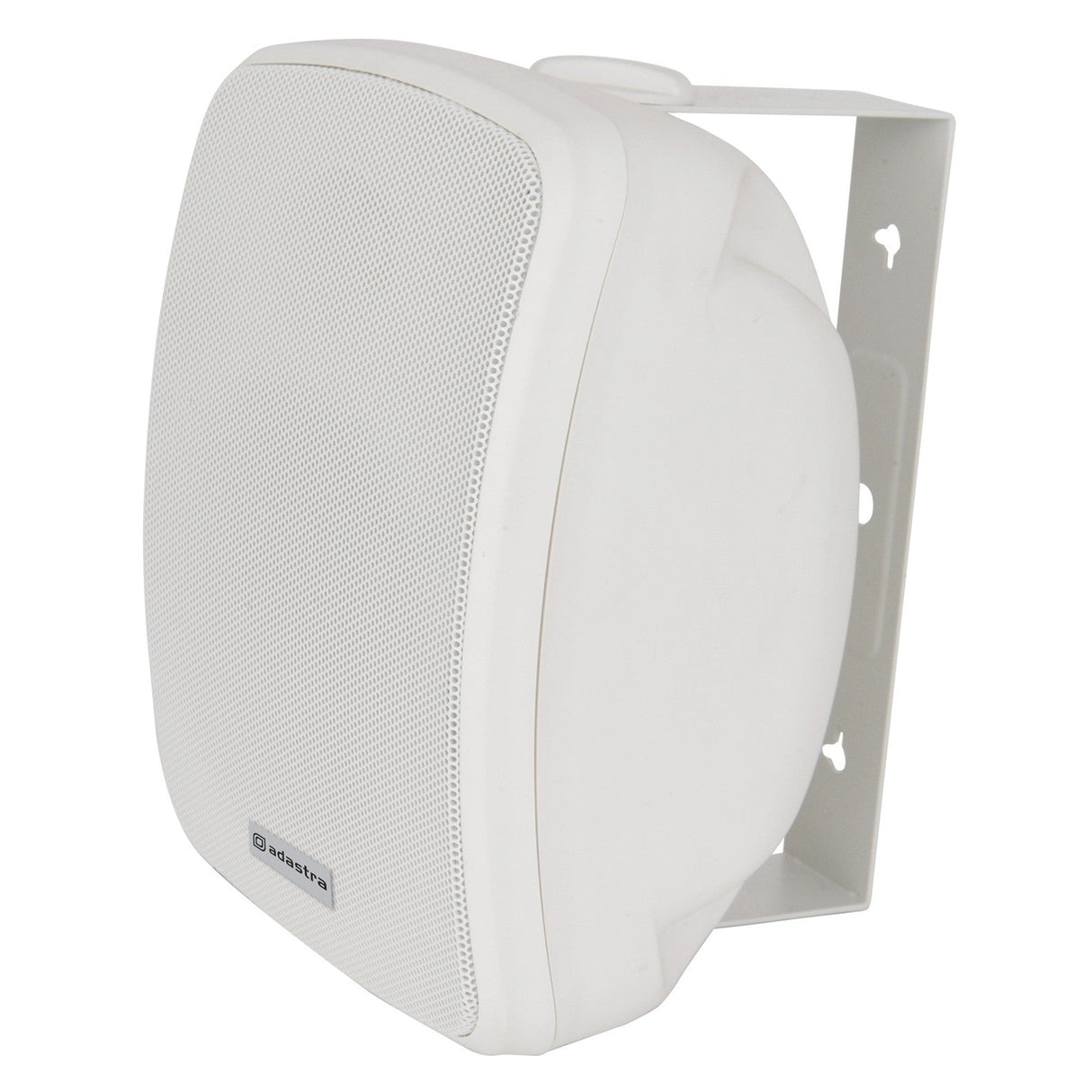 The Adastra FC5V-W 5.25" 100W 100V Compact Background Speaker in white is a wall-mounted outdoor speaker featuring a mesh grille and a logo at the bottom center. It is weatherproof and comes with a matching bracket for angled positioning.