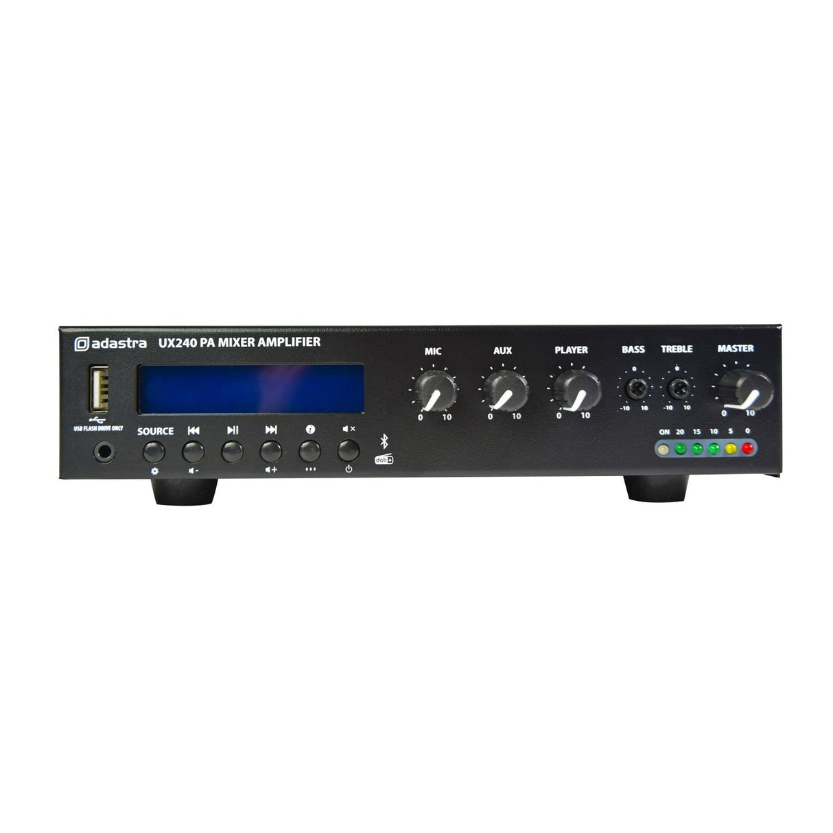 The front of the black Adastra UX240 Compact 100V Mixer-Amplifier 240W features multiple control knobs, buttons, and a digital display. It includes Bluetooth® connectivity, a media player with a USB port on the left side, and bass, treble, and master volume controls on the right side.