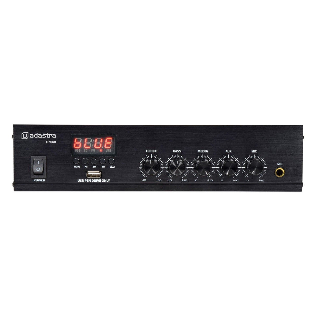 Image of the Adastra DM40 Digital 100V Mixer-Amplifier 40W, displaying a sleek black design with red LED numbers and control knobs for treble, bass, media, aux, and mic. The front panel includes power and USB buttons and supports Bluetooth connectivity.