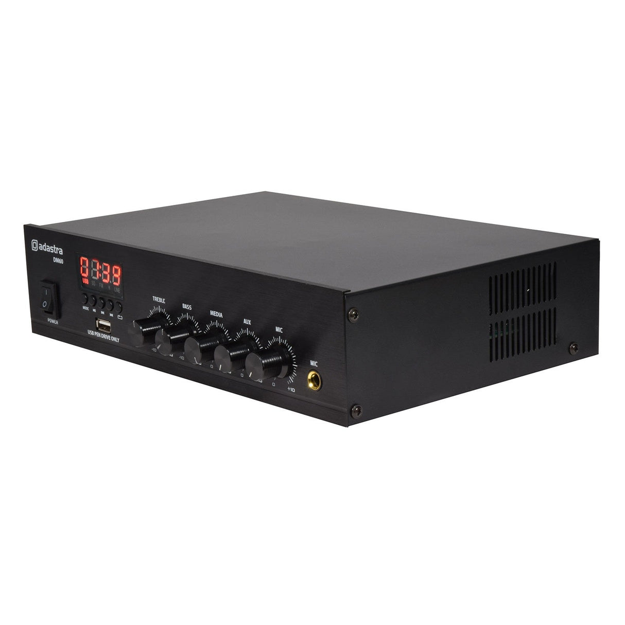 The Adastra DM40 Digital 100V Mixer-Amplifier 60W, in black, is equipped with Bluetooth connectivity, various control knobs, a digital display reading 0088, and input/output ports on the front panel.