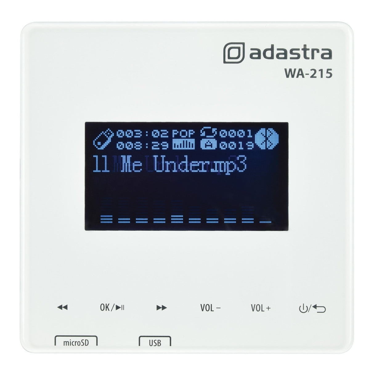 The Adastra WA-215 Wall Amp with USB/MicroSD player, FM, and Bluetooth is an efficient audio controller with a sleek white design featuring a black display screen that shows music playback information, such as 11 Me Under.mp3 and track details. It offers buttons for navigation and volume control, along with inputs for USB/MicroSD and the convenience of Bluetooth connectivity.