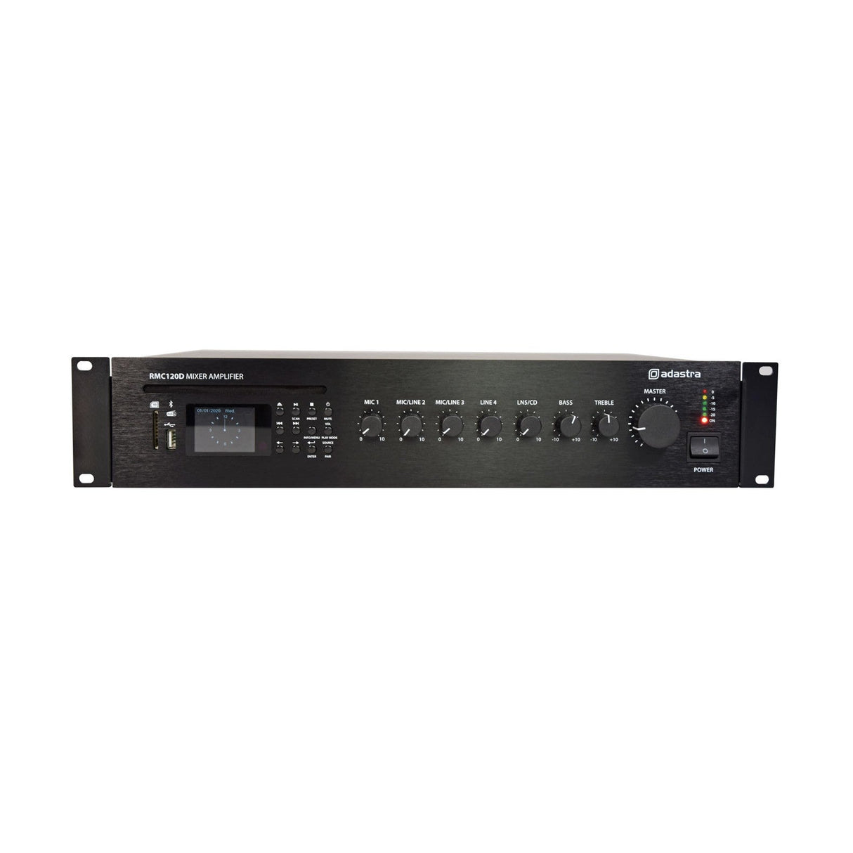The Adastra RMC120 Mixer-Amplifier, a sleek black 100V line unit, includes Bluetooth connectivity and offers a variety of control knobs and a digital display on the front panel. It features lights that elegantly indicate power and audio levels for seamless operation, and it is rack-mountable with 120W power, supporting CD, USB, SD, DAB/FM formats.