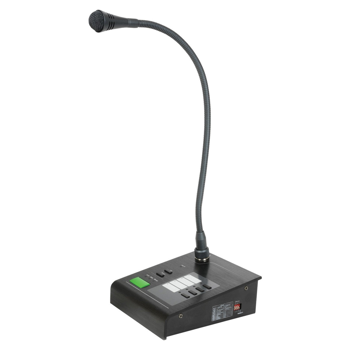 The Adastra Call Station for RM244V Mixer Amplifier is a black gooseneck paging microphone mounted on a desktop base, featuring zone assign buttons and a green display screen. Its sleek, angled design incorporates multiple control buttons and labels for easy operation, ensuring seamless communication.
