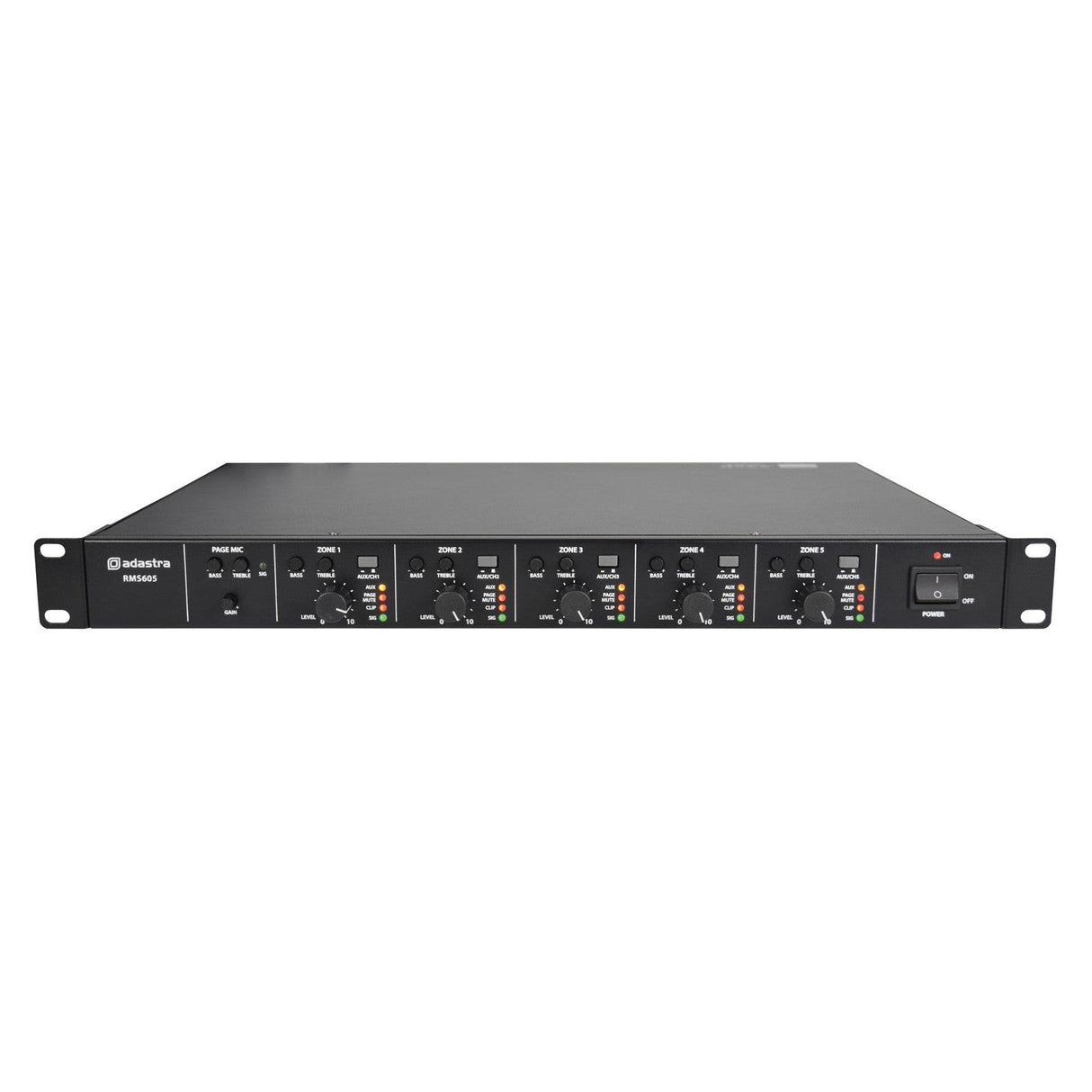 The Adastra RMS605 Amplifier 100V - 5 x 60W is a black audio mixer engineered for rack mounting, featuring multiple knobs and LED indicators. It includes an independent zoning system, a power switch located on the right side, and clearly labeled controls for different audio channels.