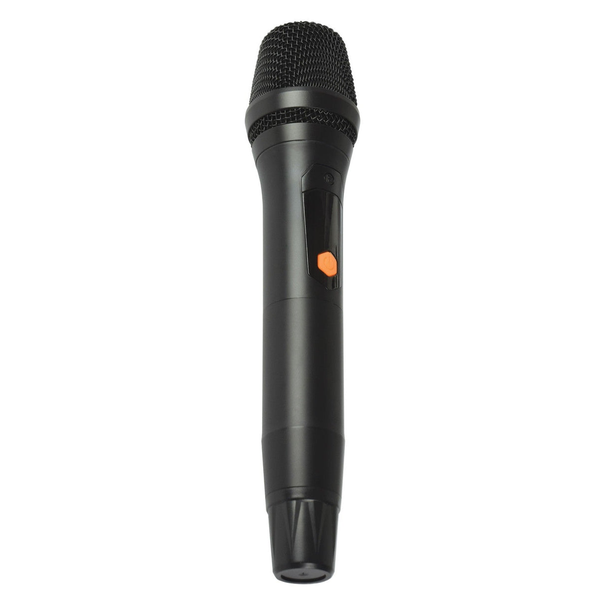 The Adastra UHF Handheld Microphone For SA Amp is a black wireless microphone with a mesh grille and an orange power button, shown against a white background. Compatible with secure wall amplifiers like the 953.150UK for flexible audio setups.