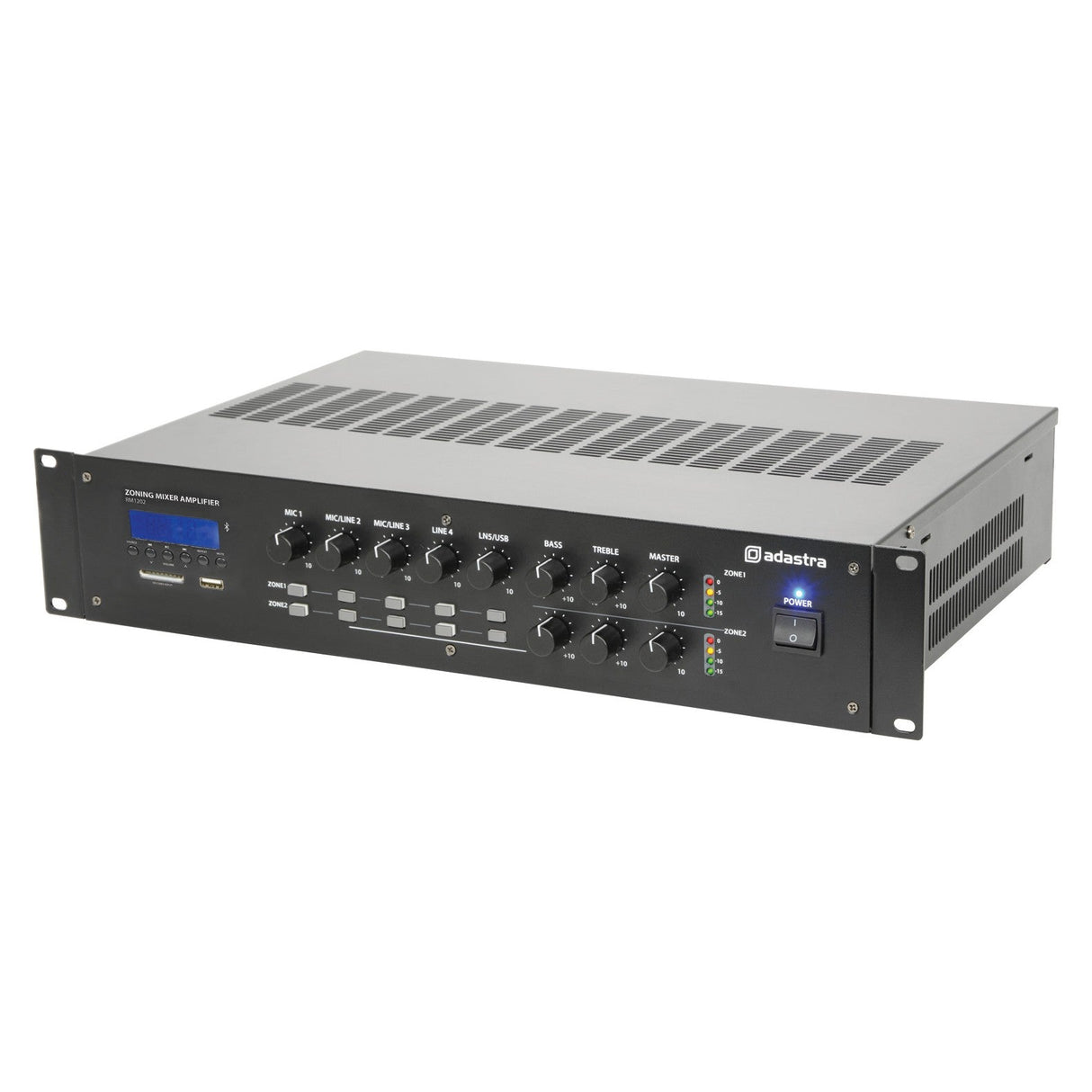 The Adastra RM1202 Mixer-Amplifier 2 x 120W + USB/SD/FM/BT in sleek black is a 100V amplifier featuring an array of control knobs and buttons for managing microphone, auxiliary, bass, and treble settings. It includes a small digital display on the left side and is equipped with a built-in Bluetooth receiver for seamless connectivity.