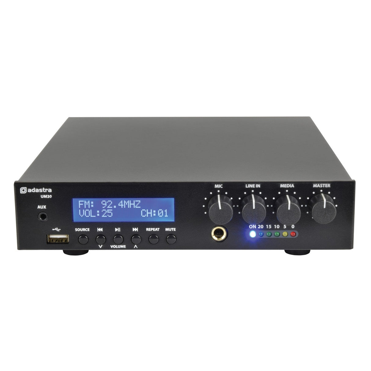 The Adastra UM30 Compact 100V Mixer-Amplifier in black includes a digital display set to FM 92.4 MHz and volume level 25, and is designed with input knobs, a USB port for audio playback, an aux input, control buttons, LED indicators, and an integrated Bluetooth wireless receiver for versatile listening options.
