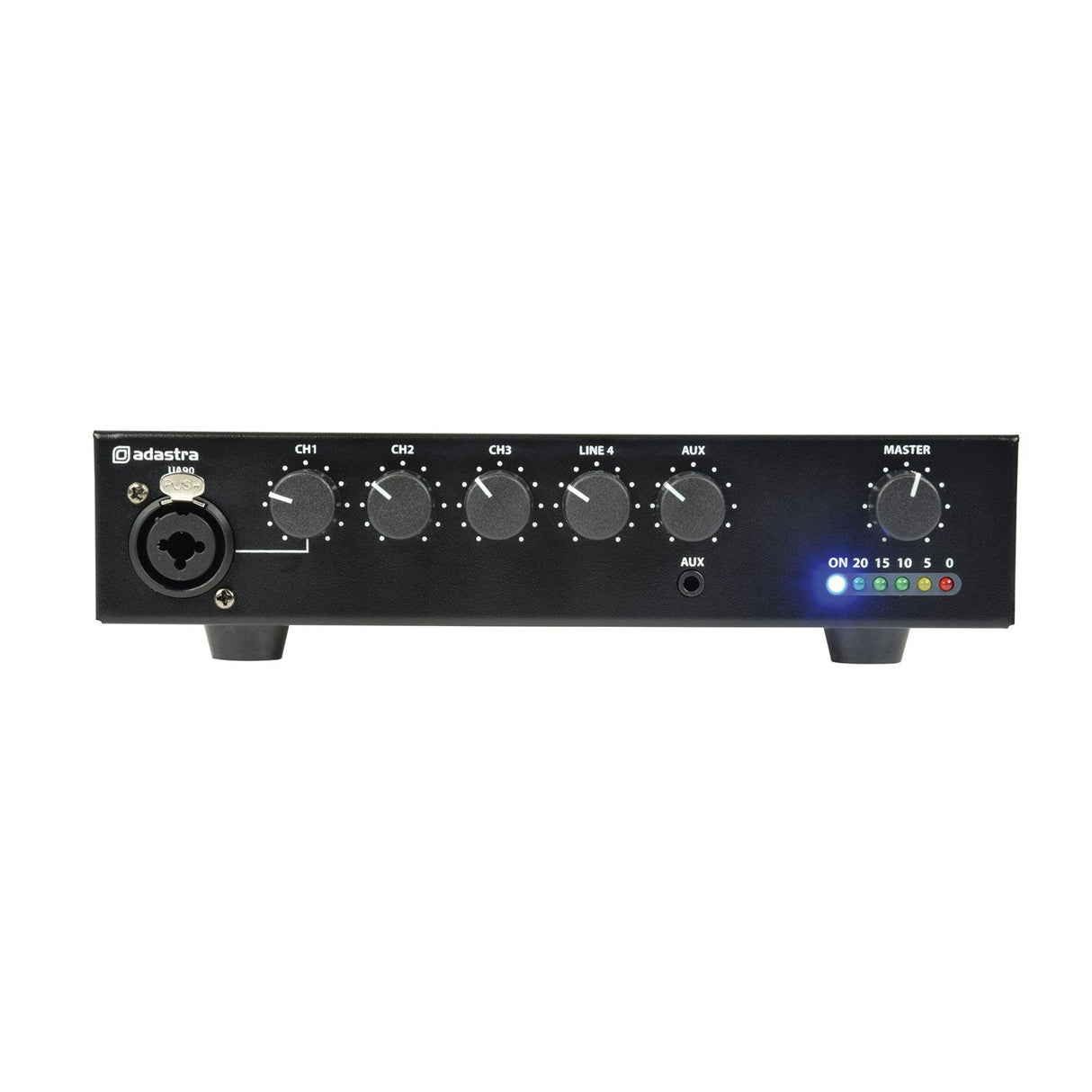 The Adastra UA90 Compact 100V Mixer-Amplifier, in black, includes multiple mic/line input knobs labeled CH1, CH2, CH3, LINE 4, AUX, and MASTER. Ideal for PA installations or use as a 100V mixer-amplifier, it features an XLR input on the left side and LED indicators on the right that display levels ranging from 0 to 30.