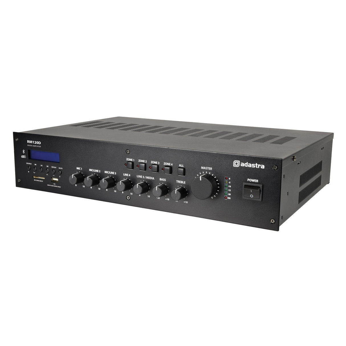 The Adastra RM120D Mixer-Amplifier 100V BT/DAB+ is a black unit with multiple front panel knobs, buttons, input options, Bluetooth connectivity, a digital display, and a right-side power button, ideal for commercial sound installations.