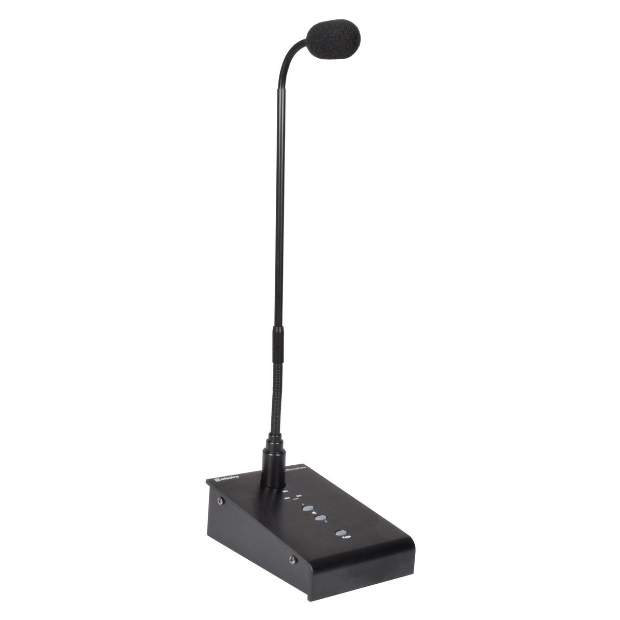 The Adastra COM230 Paging Station with 2 Zone Amplifier features a gooseneck microphone in black, mounted on a rectangular base with multiple buttons. The microphone head includes a foam windscreen, making it perfect for public speaking or broadcasting environments.