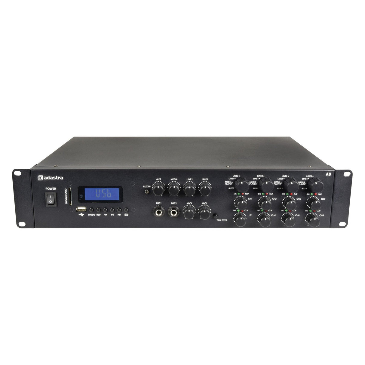 The Adastra A8 Quad Stereo Amplifier 8 x 200W, in black, is perfect for multi-zone setups and comes equipped with multiple knobs and switches. It includes a digital display screen on the left side, along with numerous input/output ports centrally located. Offering stereo sound quality, its power button is conveniently positioned on the left side.
