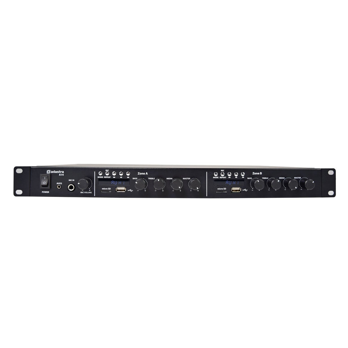 Front view of the Adastra A14 Dual Stereo Amplifier 1U 4 x 100W in black, featuring various knobs, buttons, and inputs. This rack-mountable PA amplifier is equipped with controls for adjusting sound settings across independent stereo zones labeled A and B.