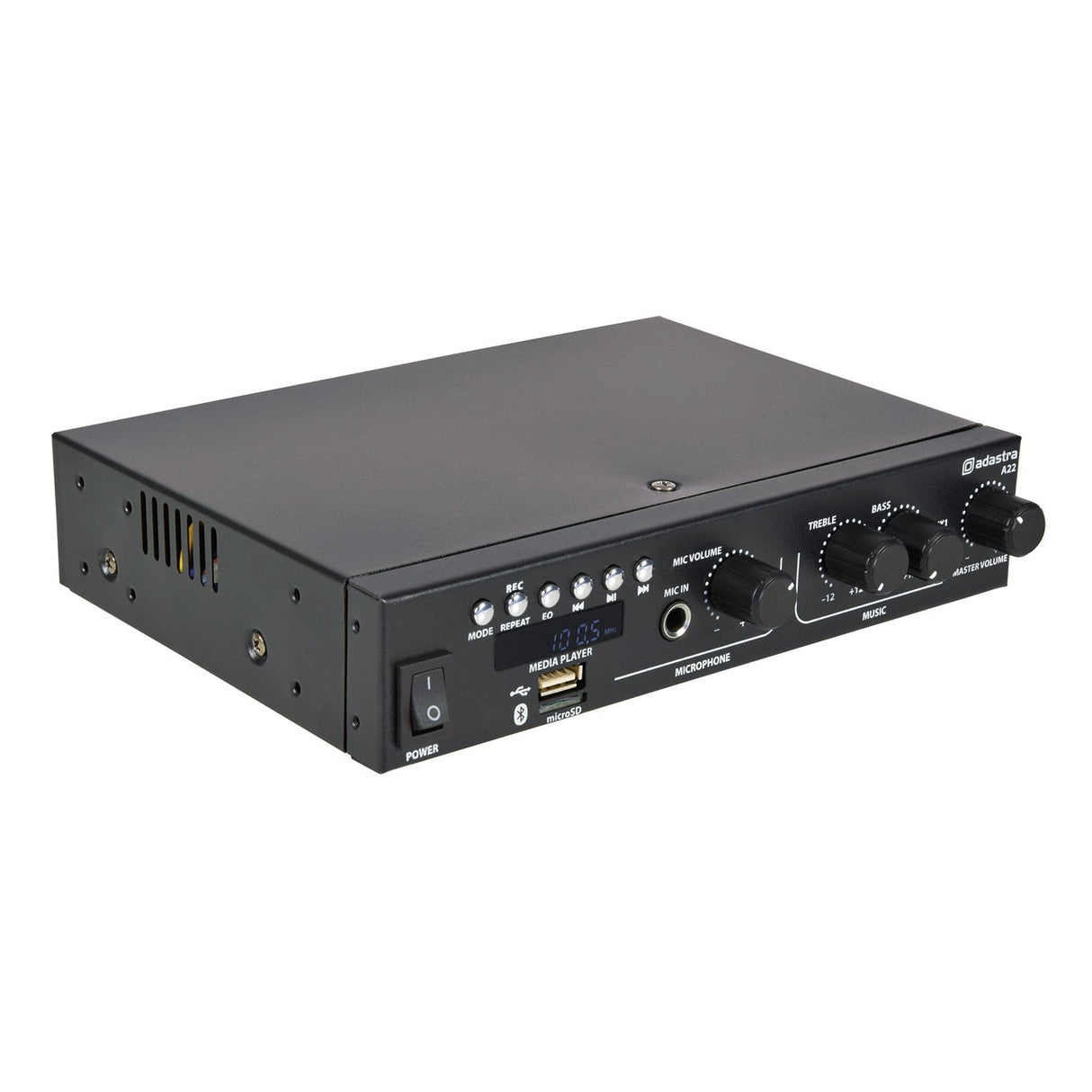 The Adastra A22 Compact Stereo PA Amplifier is a sleek black device, featuring multiple control knobs, buttons, and ports on the front panel. It includes a digital display, input jacks for microphone and auxiliary connections, as well as a power switch. This compact rectangular design also incorporates a Bluetooth receiver for seamless connectivity.