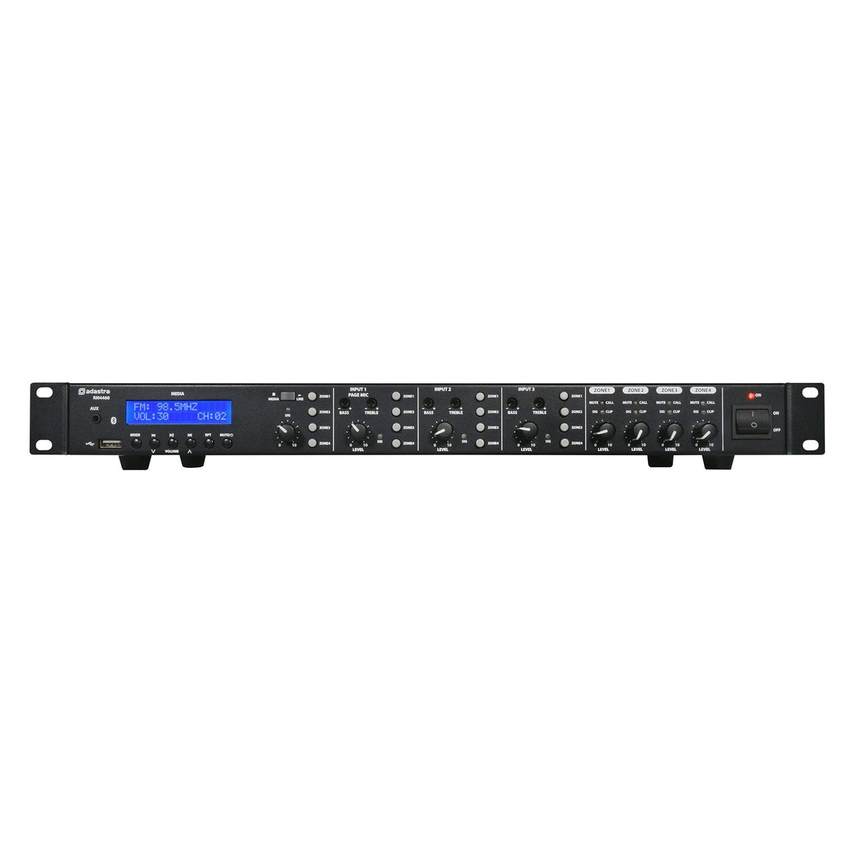 The Adastra RM4460 Zoning 100V Mixer-Amplifier 4 x 60W in black features a rack-mounted design with Bluetooth® connectivity, incorporating various knobs and buttons. Its digital display, located on the left side and illuminated in blue, shows diverse controls and settings for audio adjustment.