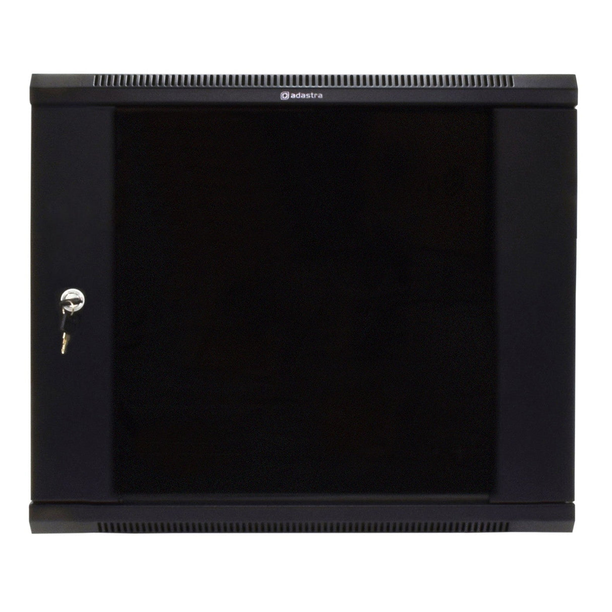 The Adastra Rack Cabinet - 9U x 450mm is a sleek black wall cabinet crafted from cold-rolled steel, featuring a glass front door and a secure key lock on the left side. Designed for versatility, it accommodates 19" rack-mount cabinets with an adjustable mounting depth to suit your specific needs.