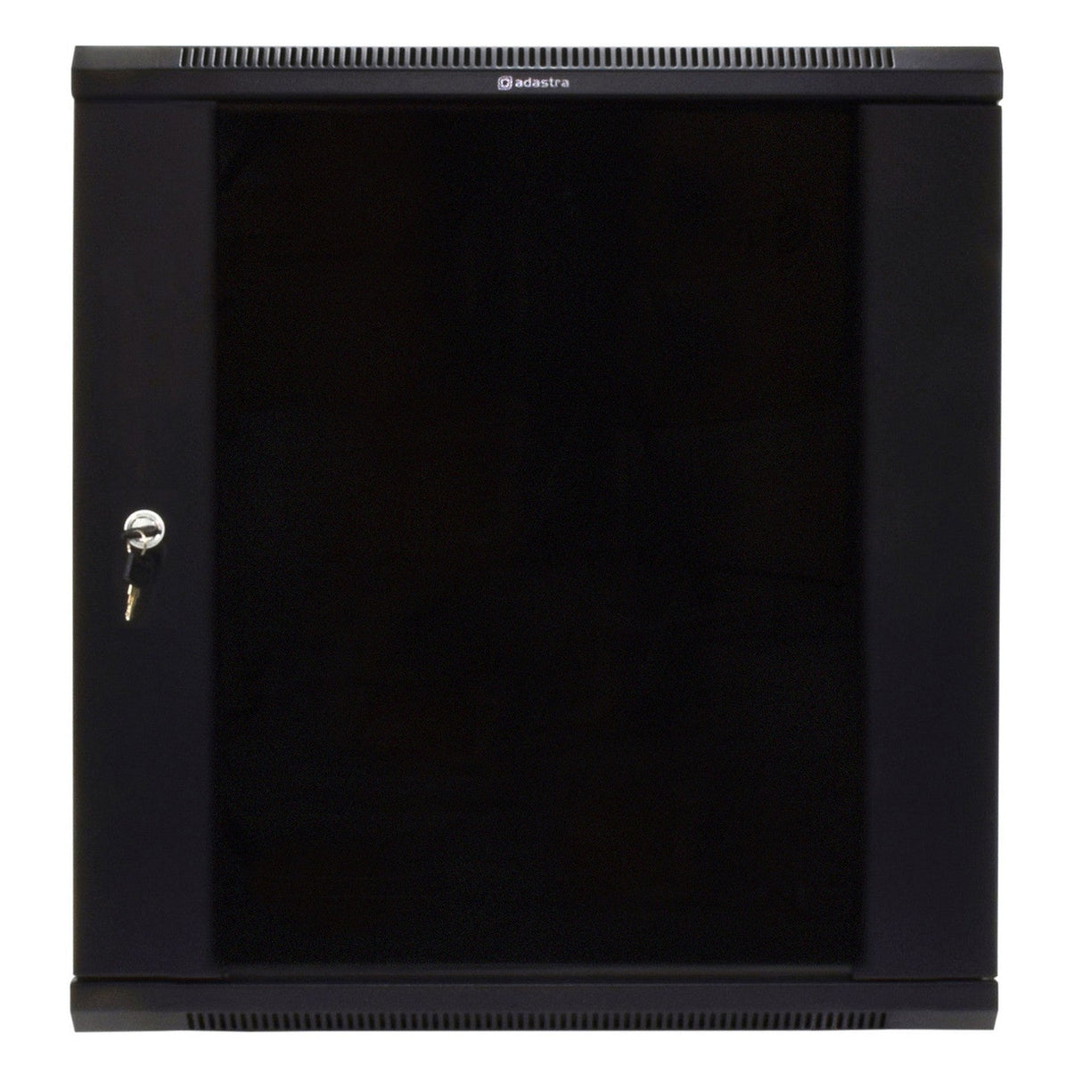 The Adastra Rack Cabinet - 12U x 450mm is a black, wall-mounted server cabinet that includes a tempered glass door with a visible keyhole and an inserted key. This sophisticated cabinet is designed for network equipment storage and features adjustable mounting depth, making it a versatile addition to any tech setup.